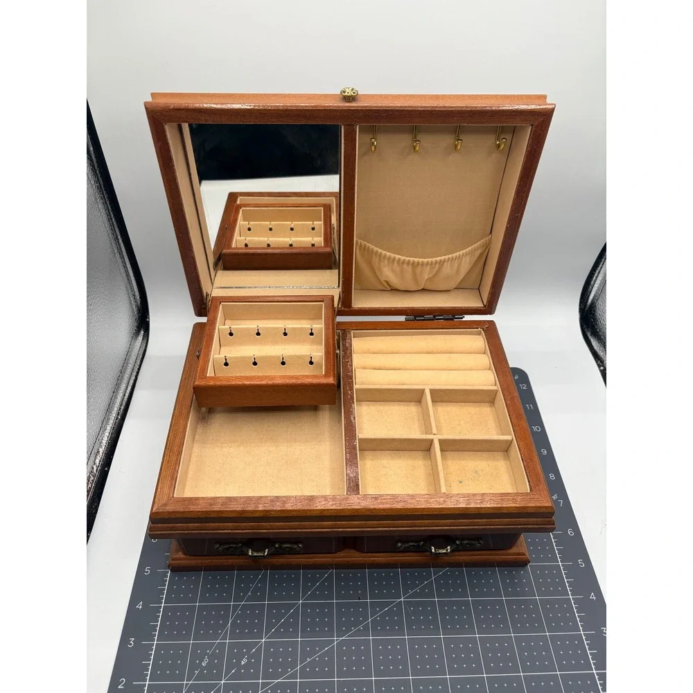 Vintage Wooden Jewelry Box Burl Wood Lid Mirror Swing Tray Drawer Organizer